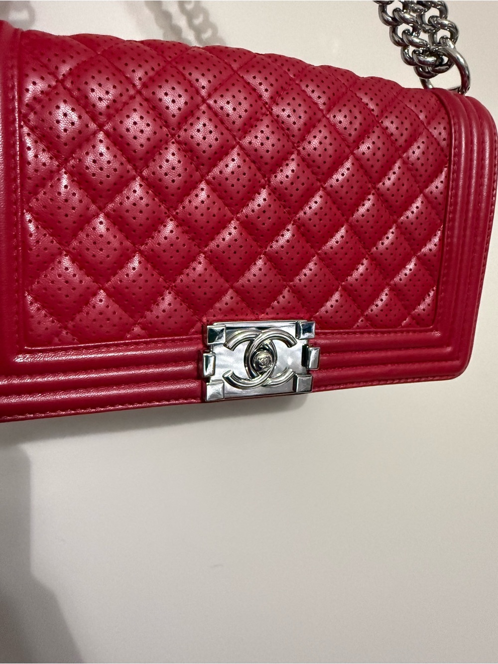 Chanel Boy Medium Perforated Lambskin Leather Flap Bag with Silver Hardware
